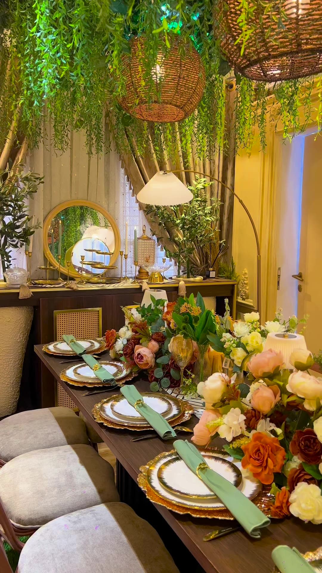 Maison Botanique dressed for a private dinner, with hanging greenery and floral tables